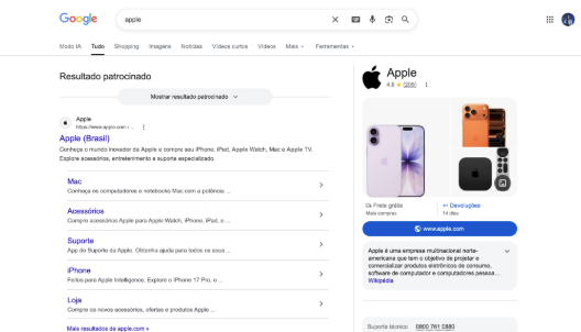 Exemplo de como a Apple aparece na SERP do Google acima da fruta