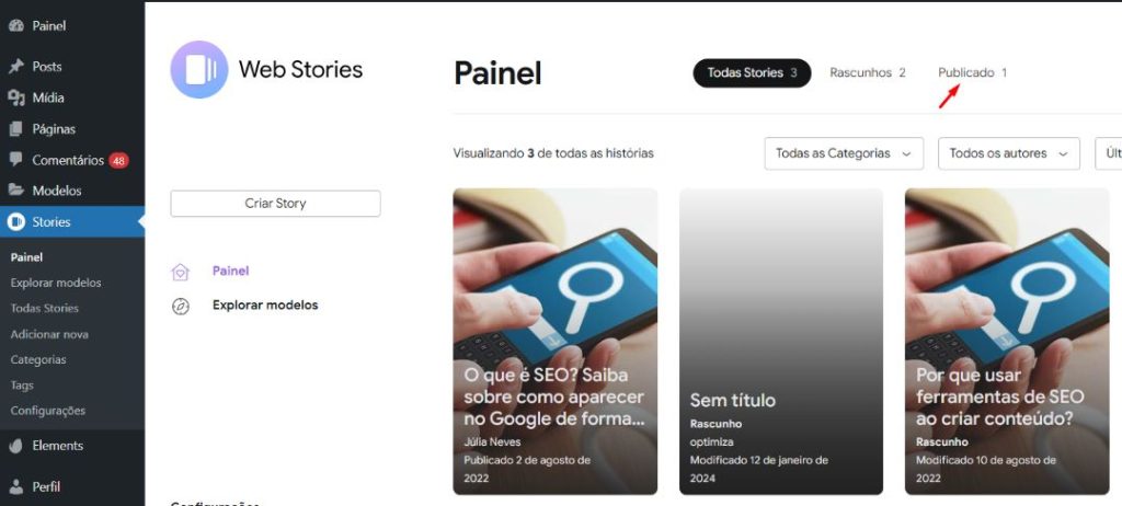 Print da tela mostrando os web stories criados na sua conta.