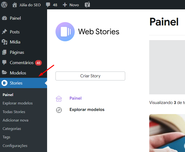 Print da tela do WP mostrando como acessar a área de web stories.